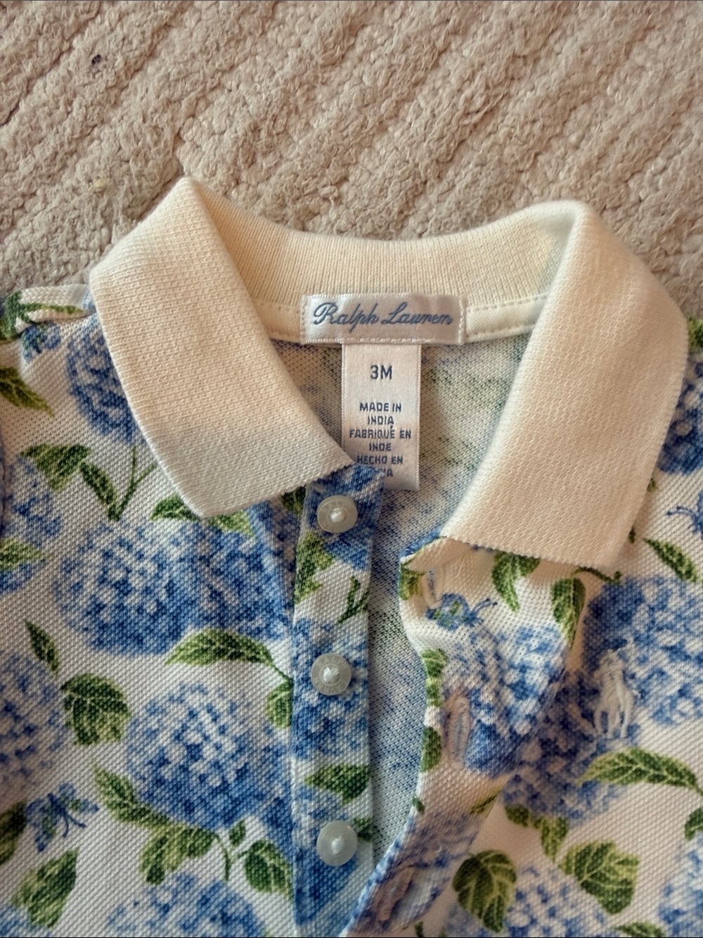 Ralph Lauren Blue Hydrangea Polo Romper with Cream Trim - Picture 2 of 2